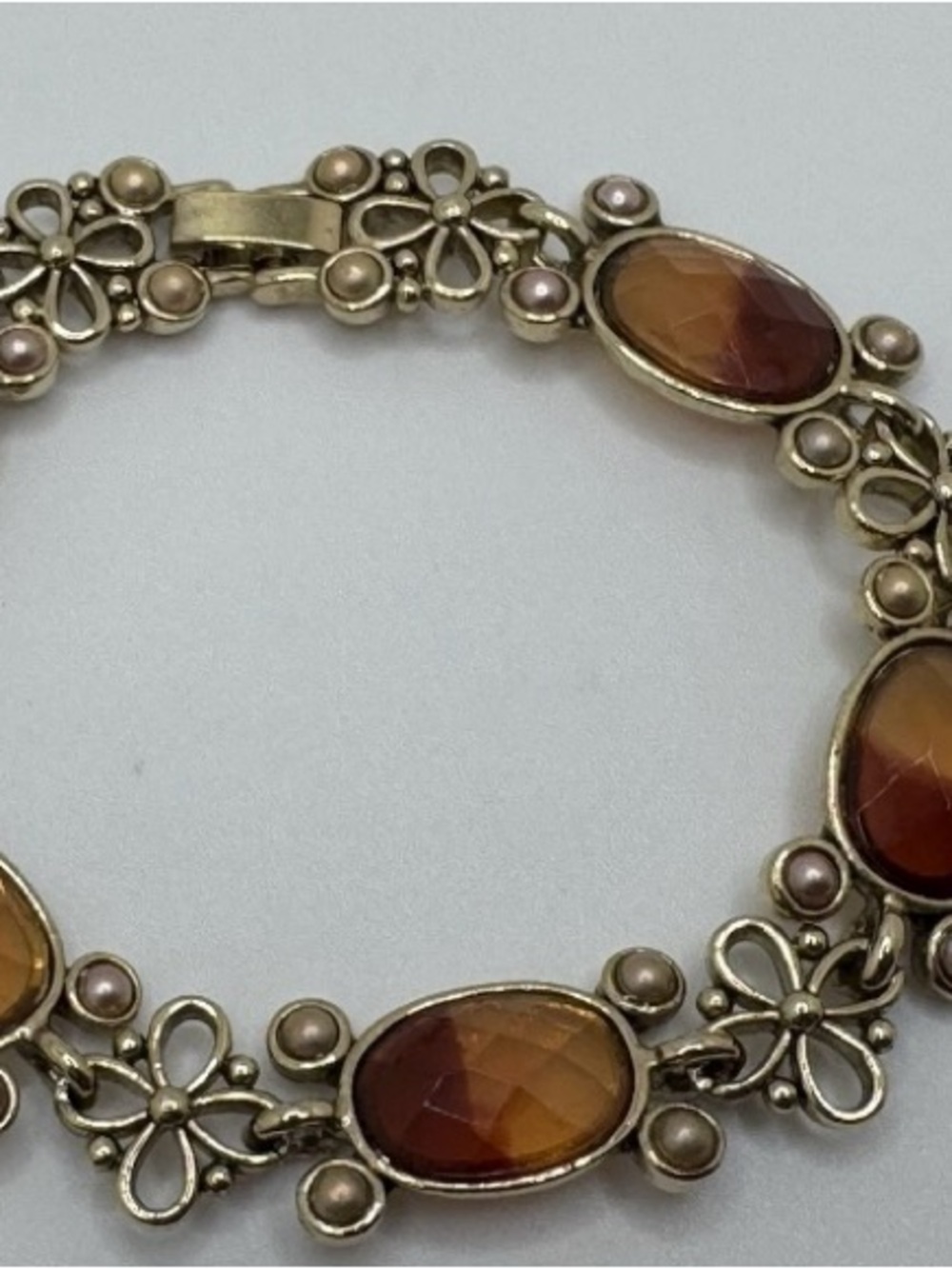 Gold Floral Bracelet with Amber Oval Stones